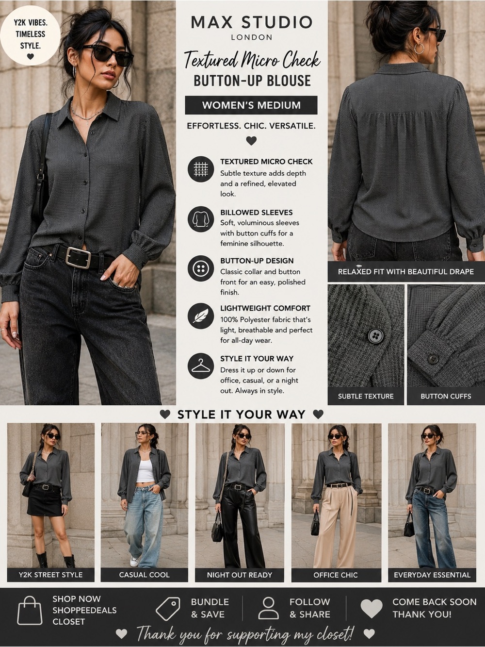 Max Studio London Textured Micro Check Button-Up Blouse – Dark Gray – medium